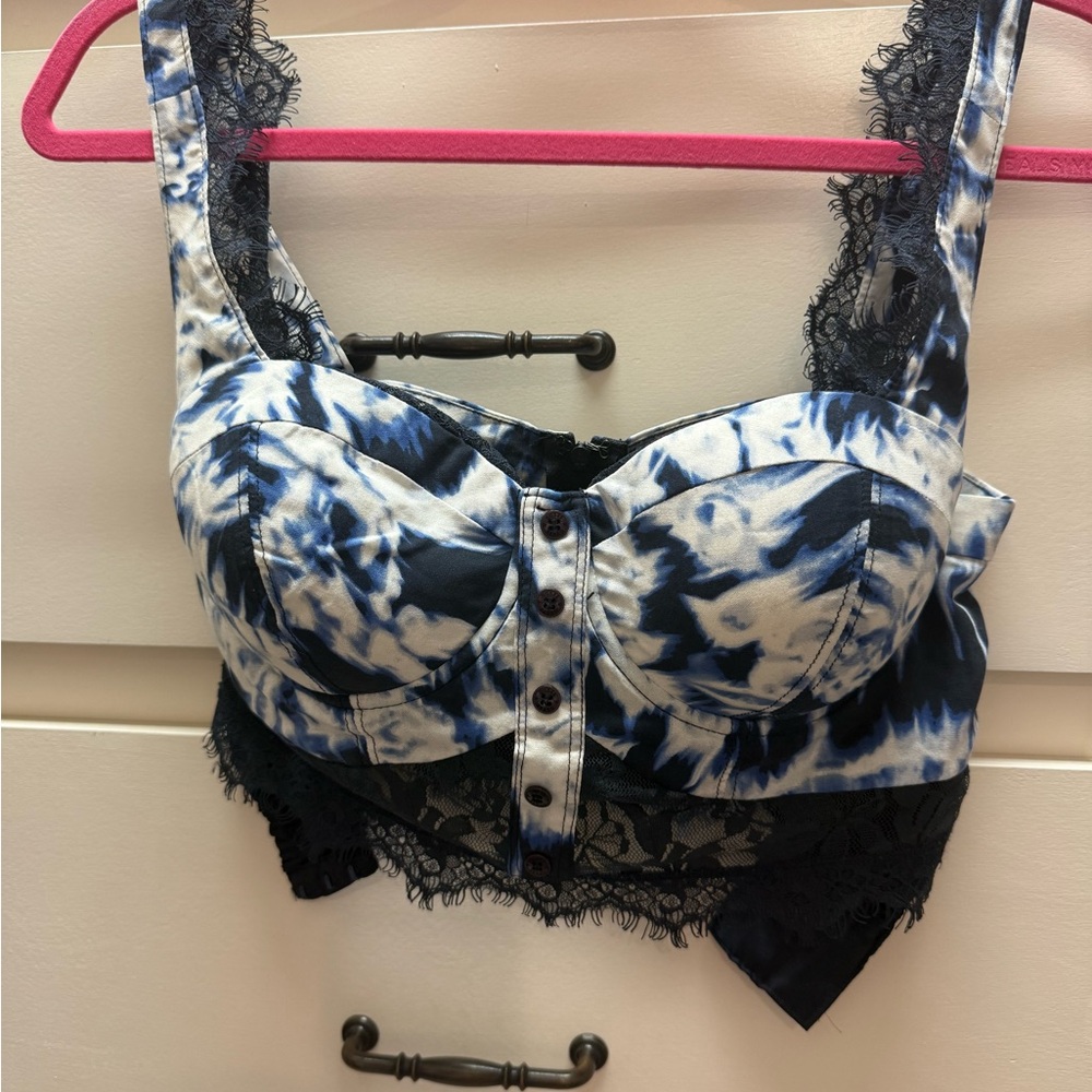 Guess Blue and White Tie-Dye Lace-Trim Bralette Crop Top